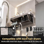 Wall-Mounted Hair Dryer Holder, Blow Dryer Holder, Space-Saving Bathroom, Bedroom Organizer Hair Dryer Stand for Home, Dorm, Salon Includes 5 PCS Carbon Steel Hooks (Black)