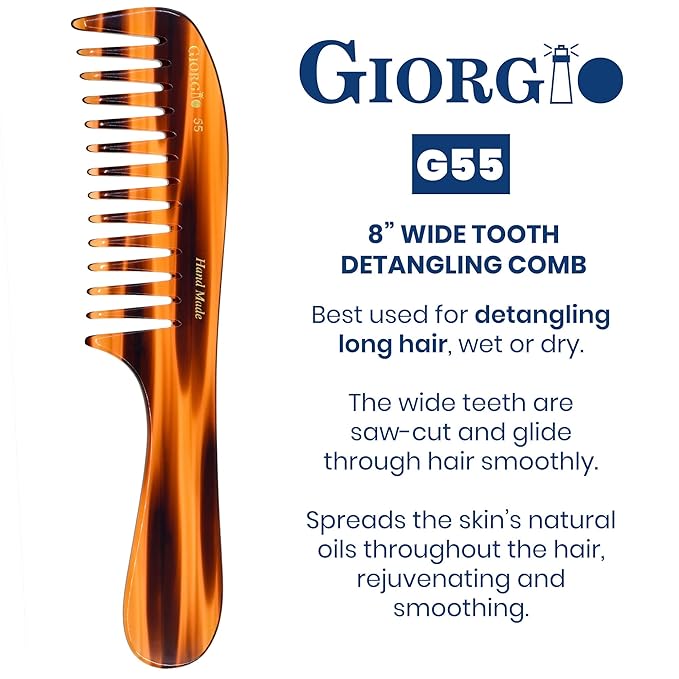 Giorgio G55 Wide Tooth Comb for Wet Hair Detangling, Thin to Medium Thickness Hair Detangler, Hair Combs for Women and Men, Handmade Large Tooth Rake Comb Saw-Cut and Hand Polished