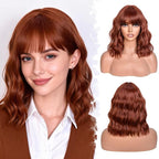 Bob Wig With Bangs Wave Wigs for Women 14 Inch Short Loose Wavy Heat Resistant Synthetic Wig Shoulder Length Hair for Daily and Cospaly Party Use (Auburn)