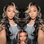 KLAIYI Bye Bye Knots Glueles Highlight Blonde Body Wave Wig Human Hair Precut 7x5 HD Lace Front Wig Pre Plucked Pre Bleached Ombre Wig with Dark Roots Chocolate Brown Wig 16Inch