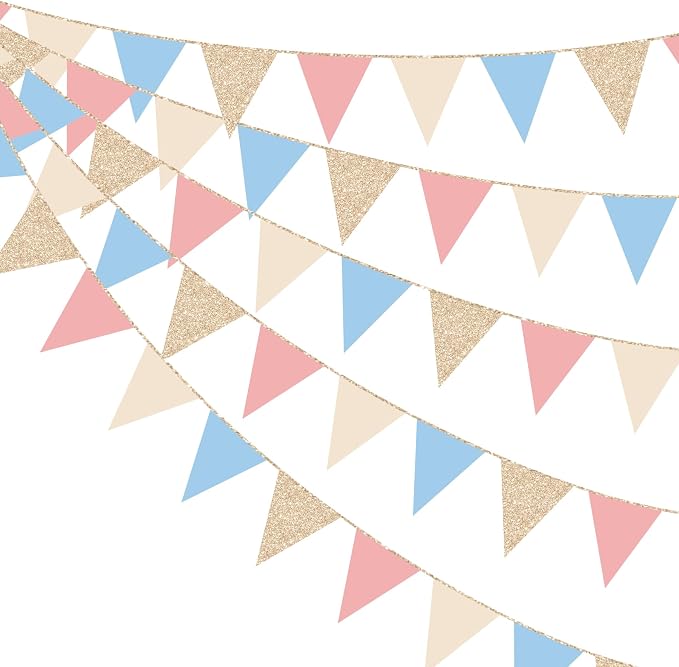 Dusty Rose Pink and Blue Beige Champagne Gold Party Decorations Pennant Banner by pinkblume