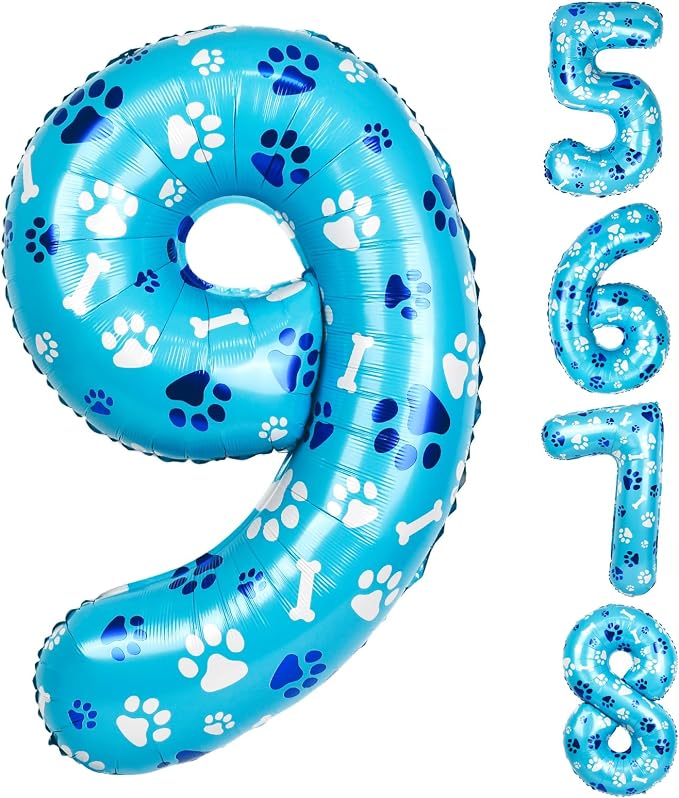 40 Inch Blue Dog Paw Birthday Balloons, Number 9 Balloons by AXBMM