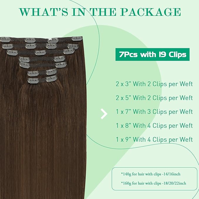 Clip in Hair Extensions Real Human Hair, SURNEL Chocolate Brown Real Human Hair Extensions Clip in Straight Remy Hair Extensions 140g 7pcs 14 Inch Hair(#4-14'')