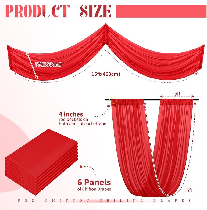 6 Panels Red Ceiling Drapes for Wedding 5ftx15ft Arch Draping Fabric Sheer - Image 2