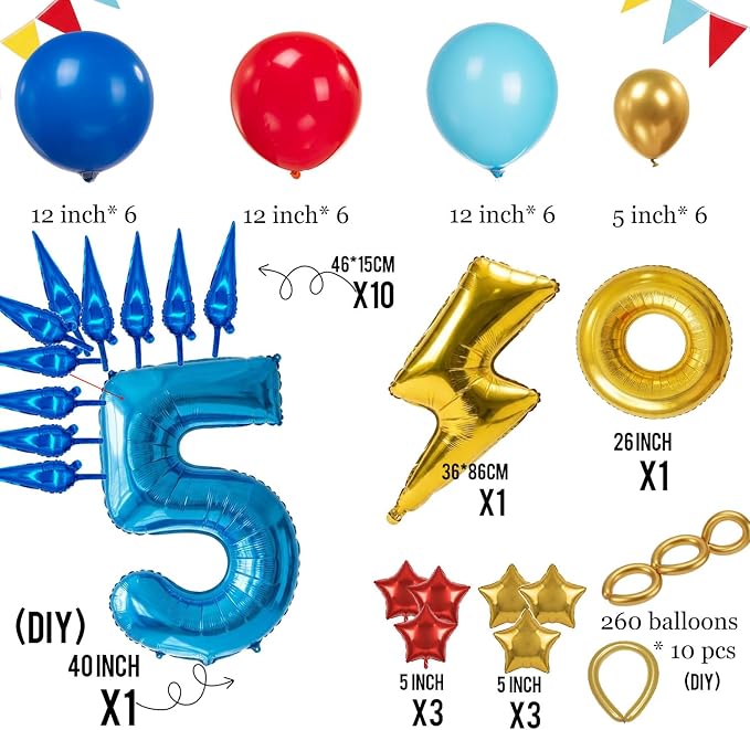 Speed Hedgehog 5th Birthday Balloon Centerpiece Set Royal Blue Red Gold Latex - Image 4