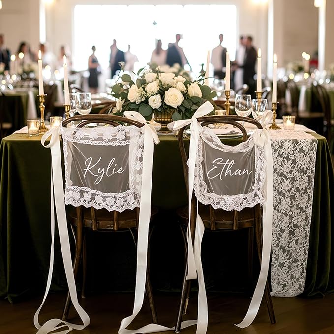 2 Pcs Personalized Sheer Lace Wedding Chair Sign by DUNACO