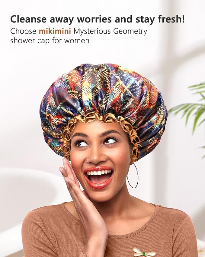 mikimini Large Shower Cap for Women Long Hair,2PCS,Mystery Shower Caps with Brown Lace, Reusable Waterproof Bathing Shower Hat