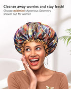 mikimini Large Shower Cap for Women Long Hair,2PCS,Mystery Shower Caps with Brown Lace, Reusable Waterproof Bathing Shower Hat