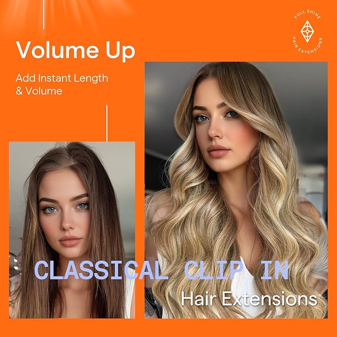 Full Shine Clip in Hair Extensions Balayage Invisible Hair Extensions Human Hair Balayage Medium Brown to Ash Brown Mix Light Blonde Double Weft Human Hair Clip in Extensions 18 Inch 7 Pcs 120 G