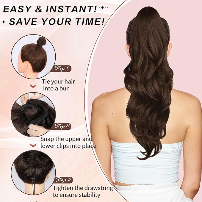 Ponytail Extension, Drawstring Ponytail Extension for Women 23 Inch Long Brown Wavy Pony Tails Hair Extensions Synthetic Clip in Ponytail Hairpiece for Women