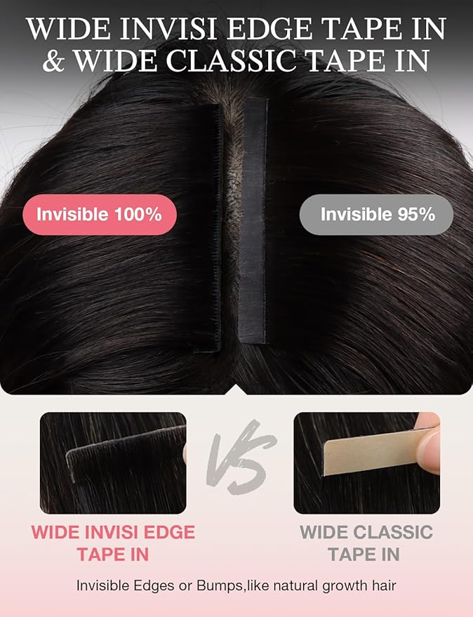 DOORES Invisi Edge Tape in Wide Hair Extensions Human Hair, Natural Black 4PCS Injection Tape ins 20g 14 Inch, Virgin Human 3 Inch Wide Injected Extensions Invisible
