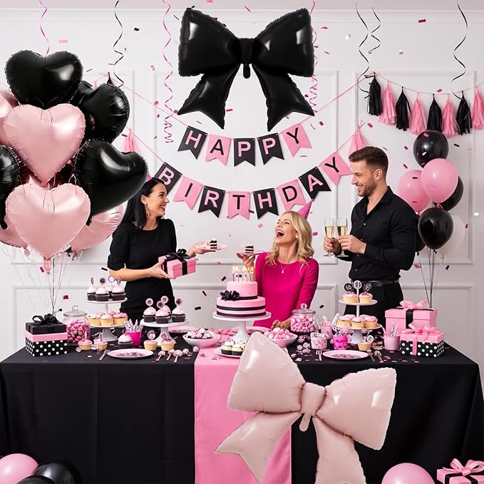 Vuzvuv Pink Black Bow Heart Balloons Set, Anniversary, Bridal Shower, Girls - Image 5
