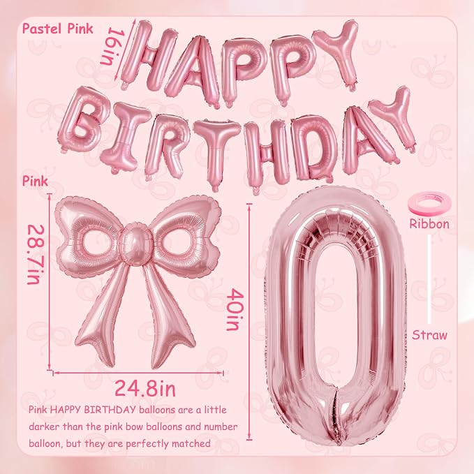 Bow Number 0 Birthday Balloons, 40”Pink Aluminum Foil Balloons Happy Birthday - Image 6