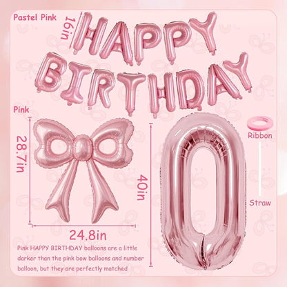 Bow Number 0 Birthday Balloons, 40”Pink Aluminum Foil Balloons Happy Birthday - Image 6