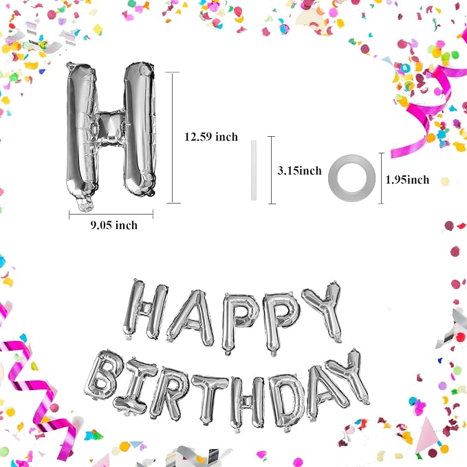 Happy Birthday Balloons Banner Mylar Foil Letter Sign Silver | 16 Inch Reusable - Image 4
