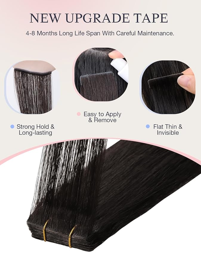 DOORES Invisi Edge Tape in Human Hair Extensions, Natural Black 10 Injection Tapeins with 10 Injection Tapeins 50g 22 Inch, Injected Tape in Extensions Virgin Hair Thick Ends
