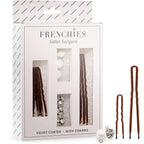 Frenchies French Twist Hair Pin, Velvet Coated Extra Soft French Hair Pins for Women, Wedding, Updo Extensions, or Wig, 6 Pearls + 6 Crystals, 20 Count (10 Lrg, 10 Sm), Brown