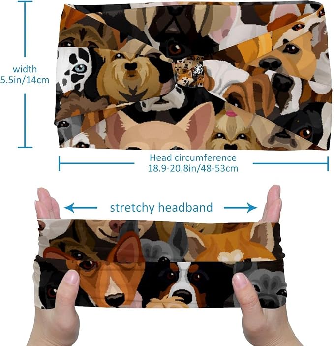 6 Pcs Stretchy Headbands for Women, Absorbed Sport Headband Soft Twist Knotted Headbands for Daily Life Yoga Workout, Dogs Collection Multi Animal