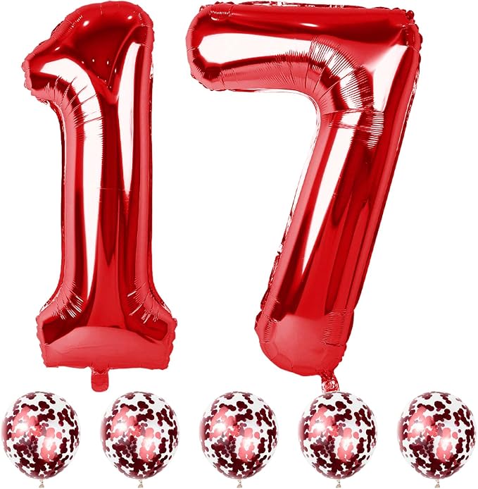 40 Inch Number 17 Foil Balloons, Large Red 17th 71st Birthday Digit by Lingqiang