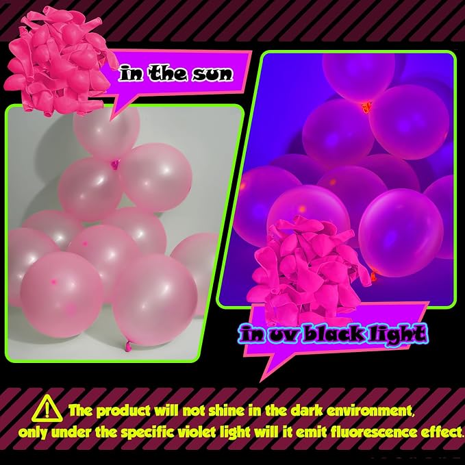 100 Pcs UV Neon Pink Balloons 12 inch Neon Party Supplies, Glow in the Dark - Image 4