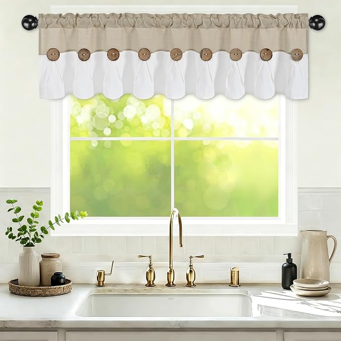 Farmhouse Valance Curtains, Boho Cotton Linen Kitchen Valance, Rustic Button by FRAMICS