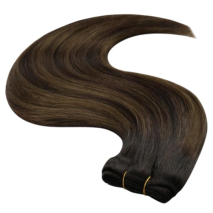 YoungSee Weft Hair Extensions Balayage Sew in Hair Extensions Dark Brown Mix Medium Brown Sew in Hair Extension Real Human Hair Short Straight Hair One Bundle 14In 70G
