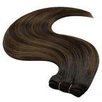 YoungSee Weft Hair Extensions Balayage Sew in Hair Extensions Dark Brown Mix Medium Brown Sew in Hair Extension Real Human Hair Short Straight Hair One Bundle 14In 70G