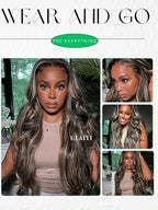 KLAIYI Bye Bye Knots Glueless Wig Human Hair 13x4 Balayage Highlight 3D Body Wave Precut Lace Front Wig with Baby Hair Black Mix Blonde Brown Pre Plucked Pre Bleached Knots Wig 30S Easy to Wear 22Inch