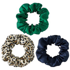 Silk Scrunchies For Hair, 3 Pack, 100% Mulberry Silk Hair Ties, 19 Momme, Natural Silk Elastic Hair Bands For Women And Girls'Hair Designed to Be Soft And Less Pulling (Emerald, Leopard,Navy Blue)