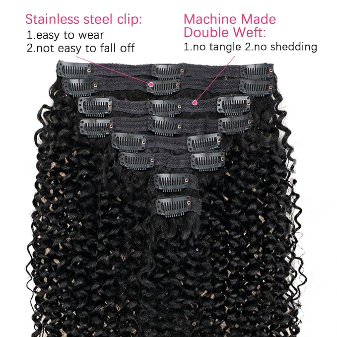 12 inch Kinky Curly Clip in Extension Human Hair Affordable 3C 4A Kinky Curly Clip Ins for Women Brazilian Remy Human Hair Natural Color 8 Pcs with 18 Clips 120g/Set