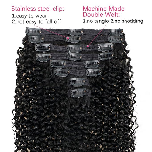 12 inch Kinky Curly Clip in Extension Human Hair Affordable 3C 4A Kinky Curly Clip Ins for Women Brazilian Remy Human Hair Natural Color 8 Pcs with 18 Clips 120g/Set