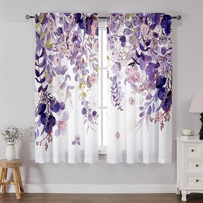 Purple Eucalyptus Floral Curtains 63 Inch Length Watercolor Flower Plant Light - Image 2