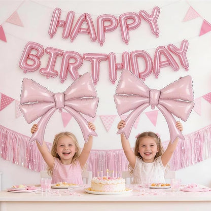 Pink Bow Happy Birthday Balloons Banner, 22 Inch Baby Pink Bow Foil Balloons - Image 7