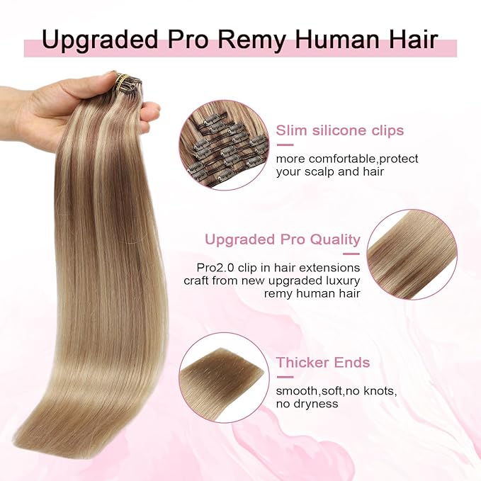 Pro2.0 Clip in Hair Extensions Real Human Hair 120g Thick 7pcs Color #10/16/16 Ash Brown to Caramel Blonde Remy Real Human Hair Extensions Clip ins 14inch Double Weft（#10/16/16-14inch）