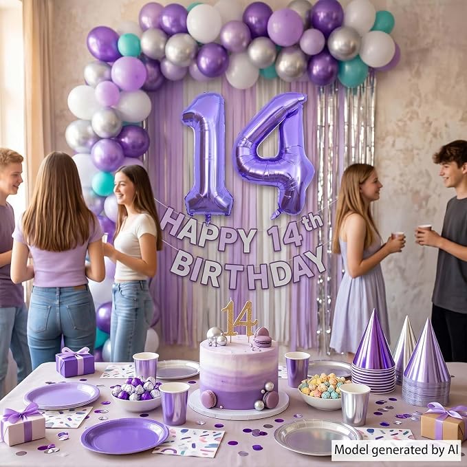 Purple Number 14 Balloon 40 Inch, Giant Metallic Foil 14th Birthday Decorations - Image 6