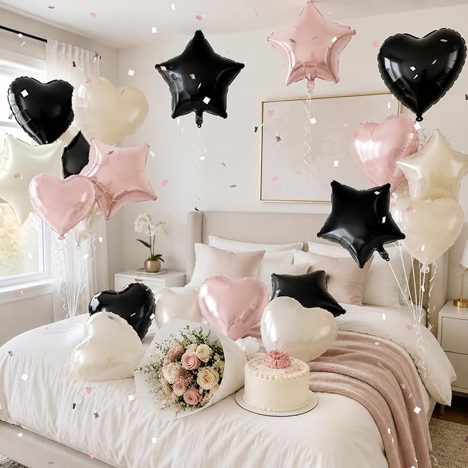 TONIFUL 18 Inch Pink and Black Star and Heart Foil Balloons - Image 6