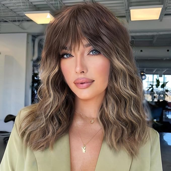 Brown Curly Bob Wig with Bangs Short Wavy Brown mix Blonde Highlight Wigs for Women Lob Haircut Synthetic Heat Resistant Bob Wigs 14IN…