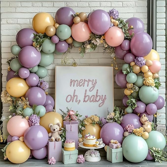 Dusty Green Pink Purple Yellow Balloon arch kit, Double Stuffed Haze Purple by Zesliwy