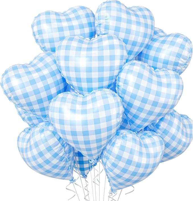 Blue White Checkered Heart Balloons, 18 Inch Lattice Foil Valentines Balloons by BIAPIAN