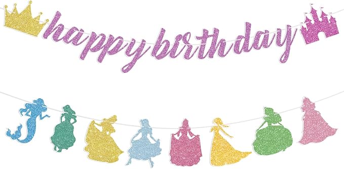 Princess Birthday Banner Glitter Happy Birthday Banner Princess Banner Garland by Adecortalk