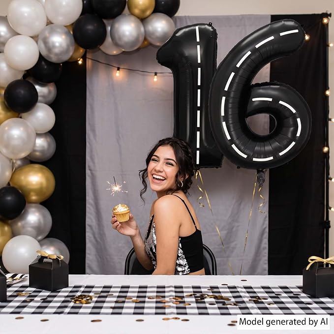 Black and White Stripes Number 16 Balloon 40 Inch, Road Finish Numeral | - Image 2