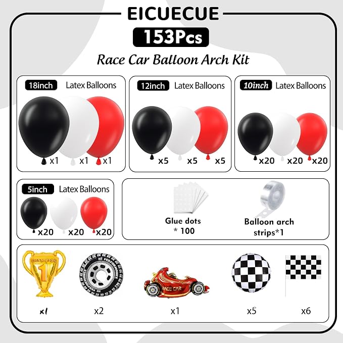 Race Car Balloons Arch Kit -Trophy, Wheels and Red Black White Balloon Garland - Image 2