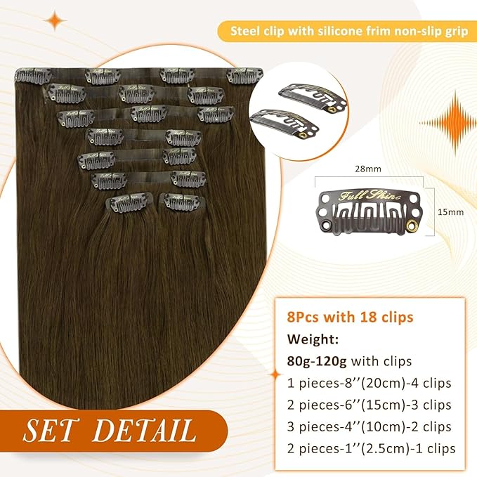 Full Shine Seamless Hair Extensions Clip in Brown Clip in Hair Extensions Medium Brown Human Hair Clip ins PU Weft Long Hair Add Volume 20 Inch 8 PCS 120 G