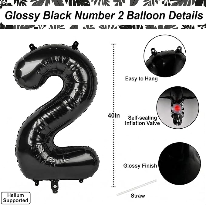 Black Number 2 Balloon 40 Inch, Glossy Foil Digit Party Supplies | Chic - Image 4