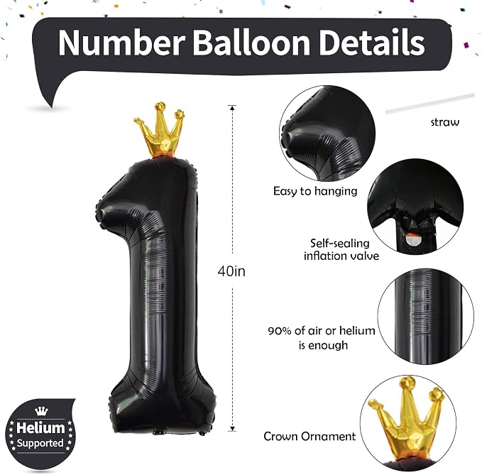 Crown Black 1 Balloon Number for Girls 1st Birthday Party, 40 Inch Large Number - Image 2