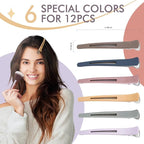 12pcs Duck Billed Hair Clips for Styling Sectioning Rollers Blowout Cutting - Professional Salon Clips with Silicone Band for Stylists Hairdressers Thick Long Hair – Ashen 6 Colors 4.48” Long