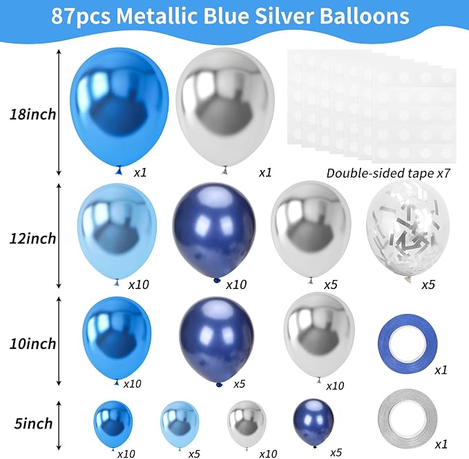 RUBFAC 87pcs Metallic Blue Silver Balloon Garland Arch Kit, 18 12 10 5 Inch - Image 2