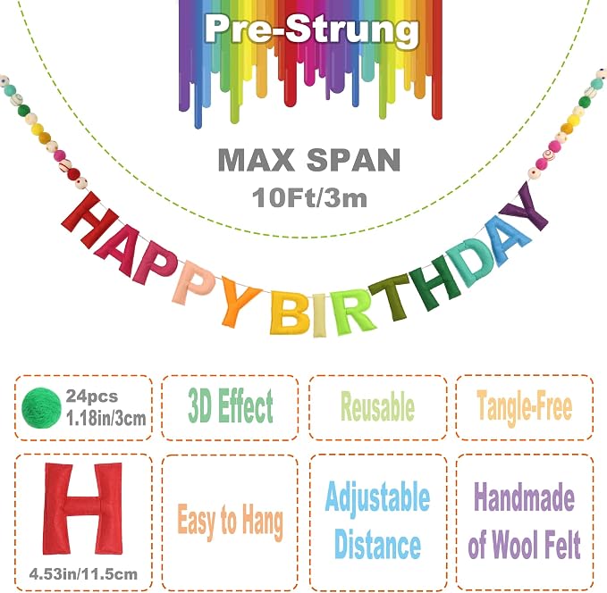 Pre-Strung 3D Felt Happy Birthday Banner, Rainbow Birthday Decoration | Reusable - Image 2