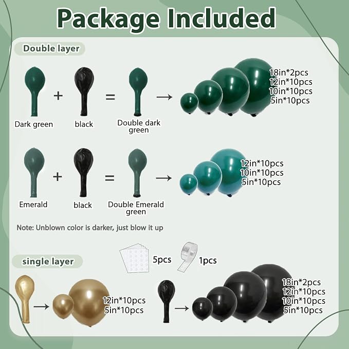 Emerald Dark Green Black Gold Balloon Arch Kit 119 PCs Double Stuffed | Luxury - Image 2