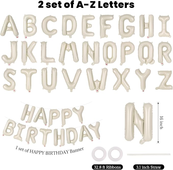 65 Pcs Cream Happy Birthday Balloons, 2 Sets A-Z Cream Letters Foil Balloons - Image 2